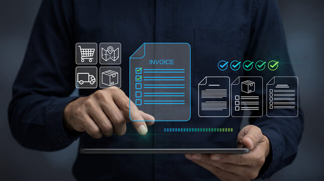 Invoice processing and order management. Purchase order verification, invoice approval, document processing and delivery tracking. Business professional checks purchasing documents on digital tablet.