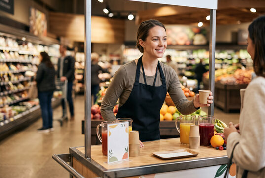 Brand Promoter Handing Juice Sample Cup to Supermarket Shopper