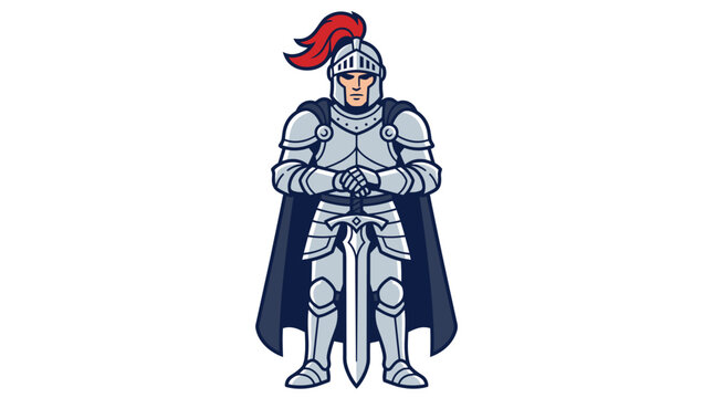Medieval Knight Mascot Illustration with Silver Plate Armor Red Helmet Plume and Long Sword standing in a Powerful Guard Pose for Sports Esports Team Logo or Gaming Design