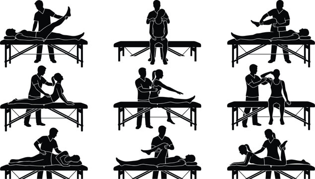 Physiotherapy silhouettes vector set with massage therapy, rehabilitation, and chiropractic treatment sessions
