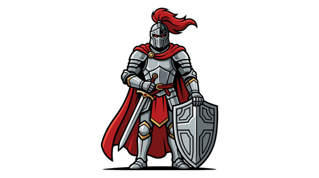 Full body vector mascot of a brave medieval knight in silver plate armor wearing a flowing red cape and helmet with a red plume, holding a sharp sword and a large metal shield.