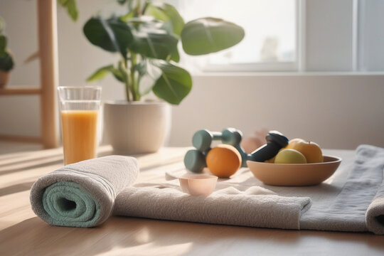 Fresh fruit and juice on a natural towel table