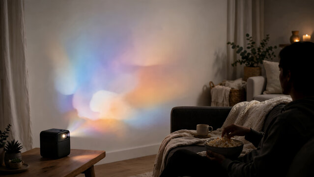 cozy living room with soft projector light creating aurora effect on wall, person relaxing on sofa with popcorn and coffee