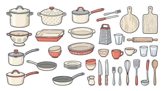 Illustrated collection of kitchen cookware