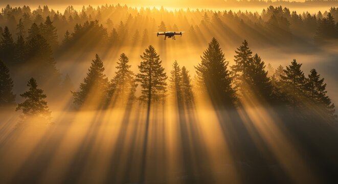 Sunbeams filtering through misty forest with small plane flying above serene woodland