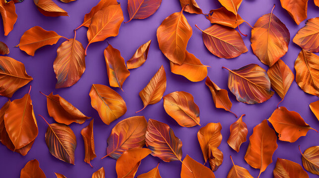 Scattered dry autumn leaves with metallic sheen on violet background with arranged scattered pattern shiny metallic finish arrangement decorative shimmering reflective with ornamental