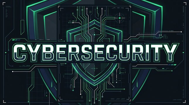 Cybersecurity text logo with a digital shield and green electronic circuit lines