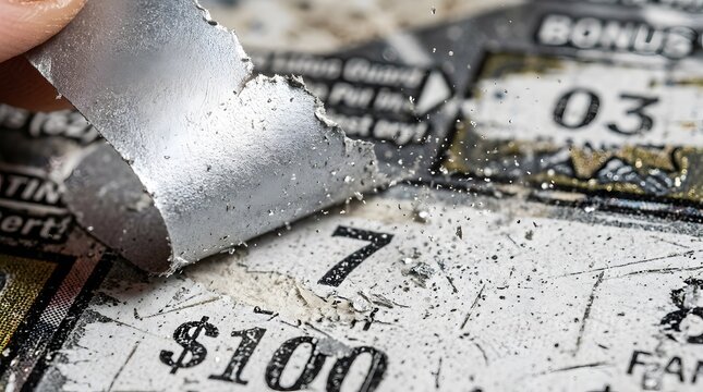 Close Up of Person Peeling Silver Latex Coating to Reveal Winning Scratch Lottery Ticket