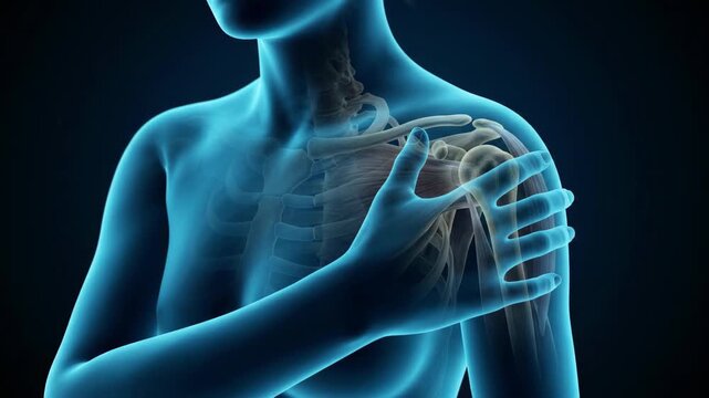 Human anatomy illustration of shoulder injury with red pain glow