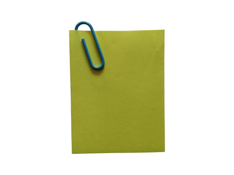 A blank green sticky note with a blue paper clip attached isolated on a white background