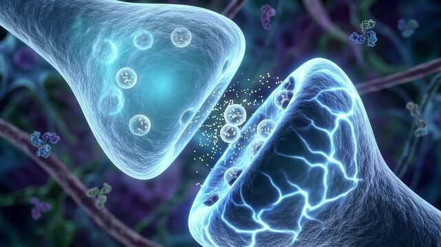3D medical illustration of a synapse showing neurotransmitters being released from a neuron into the synaptic cleft for signal transmission in the human brain