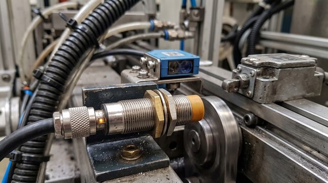 Industrial proximity sensor installed on automated manufacturing