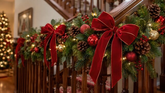 Elegant Christmas staircase decorated with red bows, pine garland, ornaments and warm festive lights