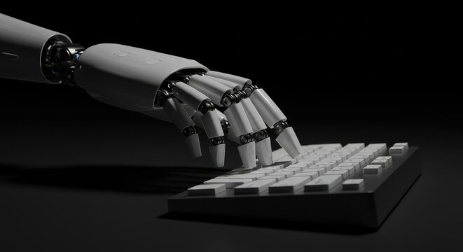 Futuristic robotic hand typing on mechanical keyboard in dark high-tech workspace