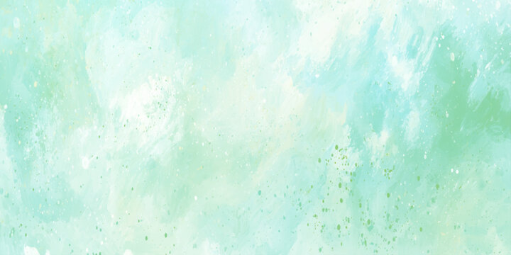 Soft mint green and teal watercolor texture background with light paint splashes for artistic banner card design.