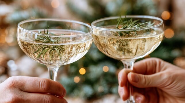 Hands toasting with champagne coupes garnished with rosemary beside a Christmas tree