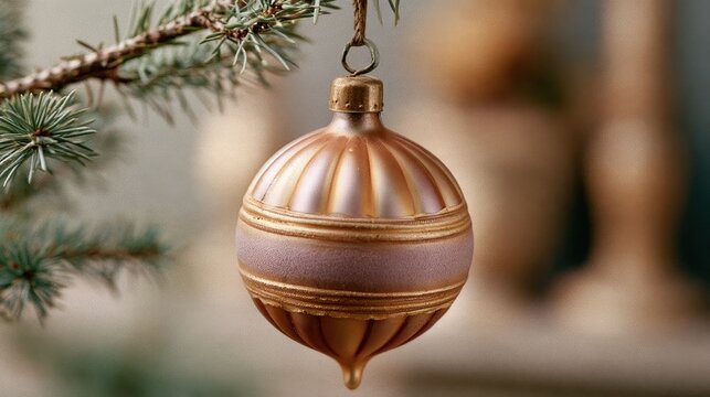 Vintage style pink and gold glass Christmas ornament hanging from a fir branch