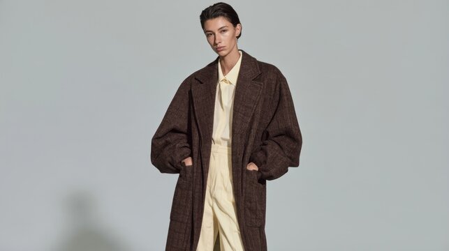 Woman in an oversized brown plaid coat and cream outfit against a gray studio background