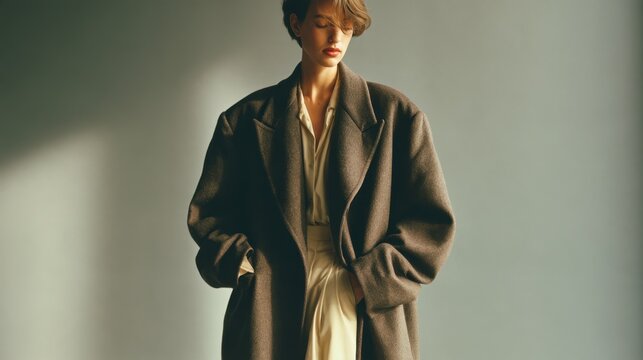 Woman wearing an oversized dark coat and cream outfit in dramatic studio sunlight