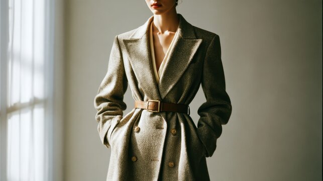 Woman wearing a belted gray coat in soft window light