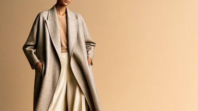 Elegant woman wearing a taupe coat and cream wide leg trousers against a beige background