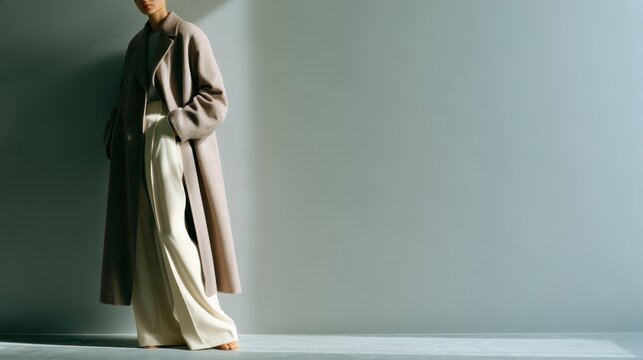 Woman in a long gray coat and wide cream trousers against a muted studio background
