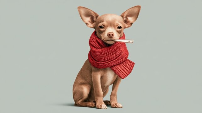 Chihuahua in a red knitted scarf holding a thermometer against a gray green background