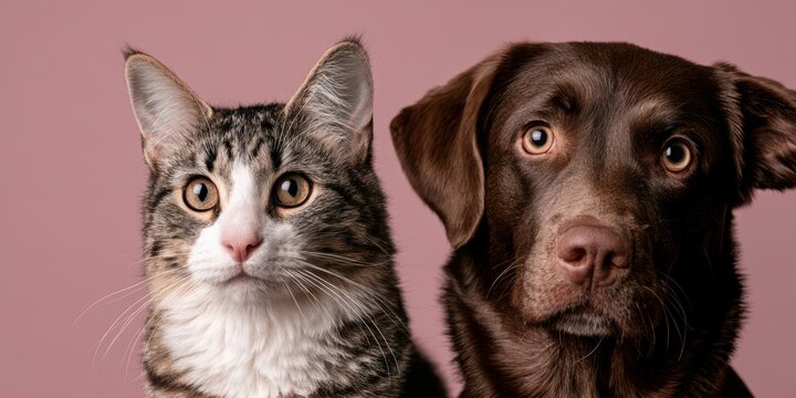 Tabby cat and chocolate Labrador dog together against a dusty pink background
