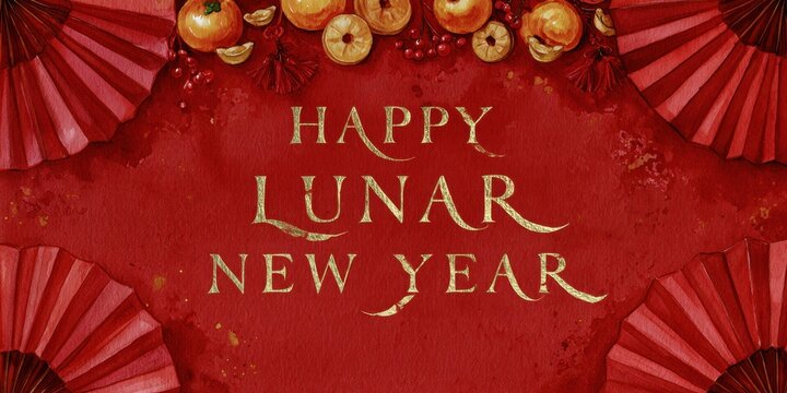 Watercolor Happy Lunar New Year greeting card with red paper fans and gold ornaments