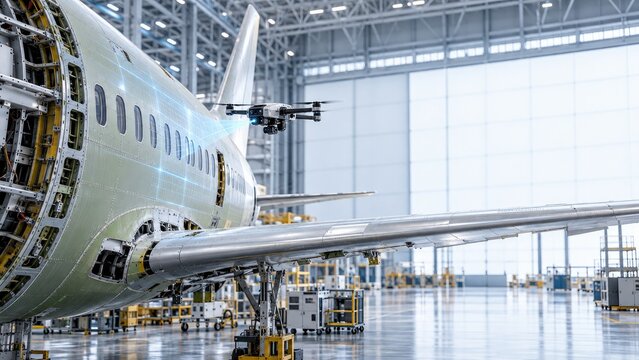 Passenger aircraft fuselage and wing under assembly in modern factory with copy space