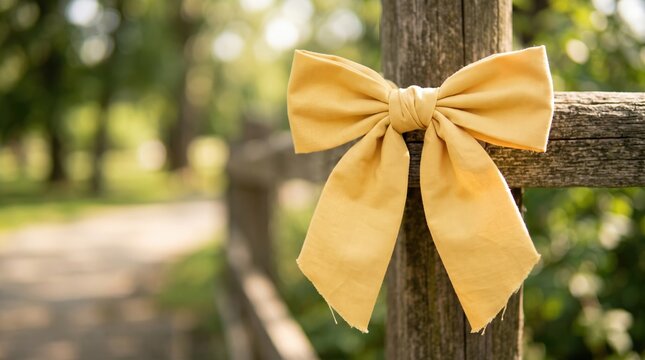 Elegant Yellow Bow Tied to Rustic Fence