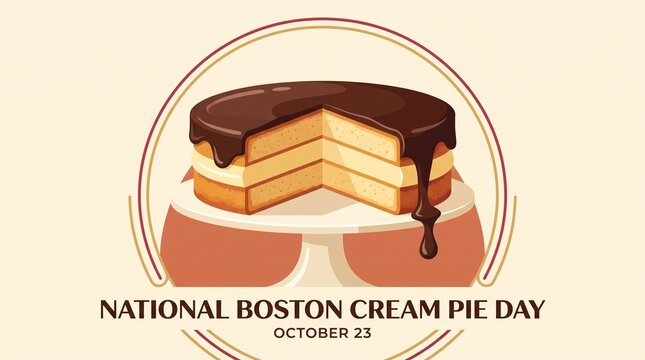 National Boston Cream Pie Day graphic with chocolate frosted cake illu