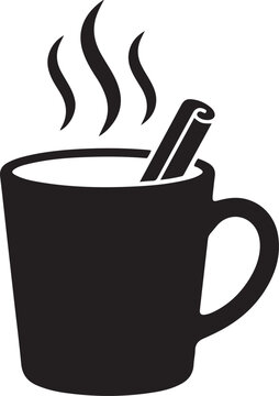 Black silhouette of a mug with steam and stirrer on white background