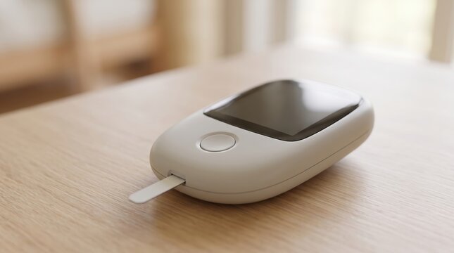 Modern blood sugar testing device on wood table