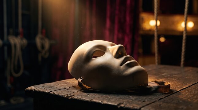 Dramatic Mask of Identity on Wooden Surface