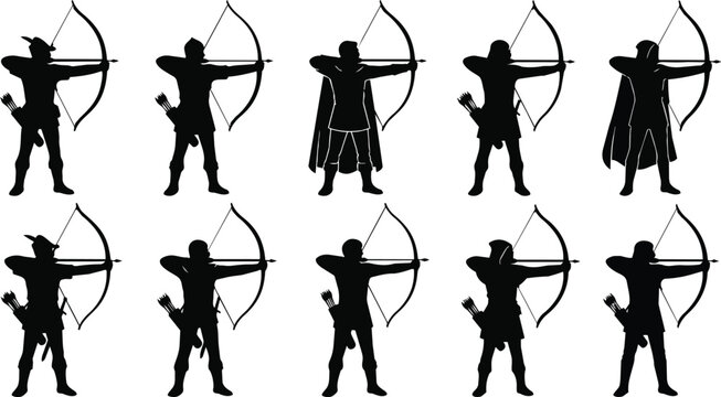 Vector silhouette set featuring ten archers holding longbows at full draw stance on a clean white background.
