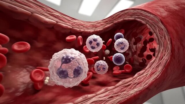 3D medical illustration showing red and white blood cells flowing through a human blood vessel, representing the immune system and circulatory process.