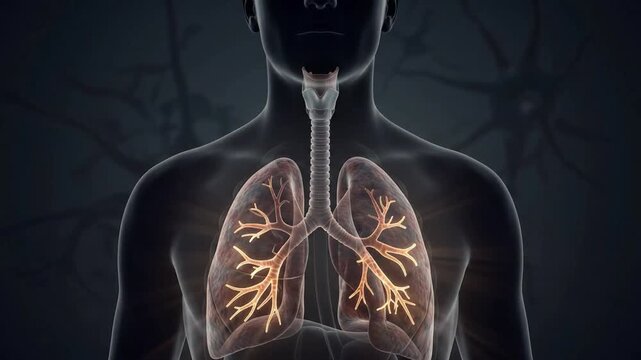 3D Medical Illustration of Human Respiratory System Highlighting Lungs, Trachea and Glowing Larynx in a Male Body