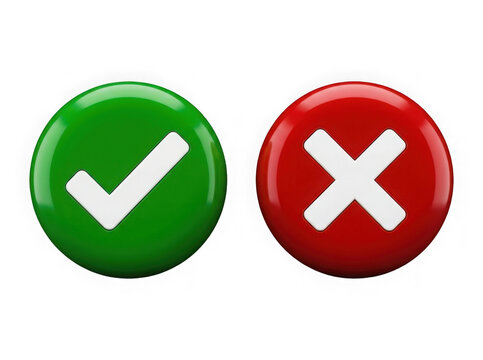 Green check mark and red cross mark buttons isolated on transparent background