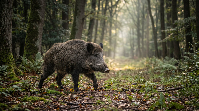 Wild boar walking through a misty forest in autumn  