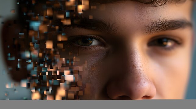 Digital face fragmentation abstract portrait with copy space