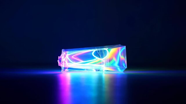 60 FPS Prismatic glass crystal bar on dark studio surface with shifting rainbow caustic reflections