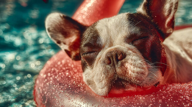 A funny dog summer vacation background with bulldog sleeping on pool float. Ideal for pet friendly travel and holiday campaigns.