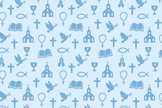 Gentle blue pattern of crosses churches doves books chalices and prayer beads