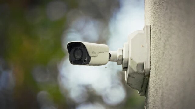 Surveillance camera on the corner of a building, close-up of the camera and the wall with a green forest behind. Soft neutral light. Street video surveillance and monitoring of the area