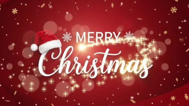 Merry Christmas greeting card design with Santa hat and falling snow