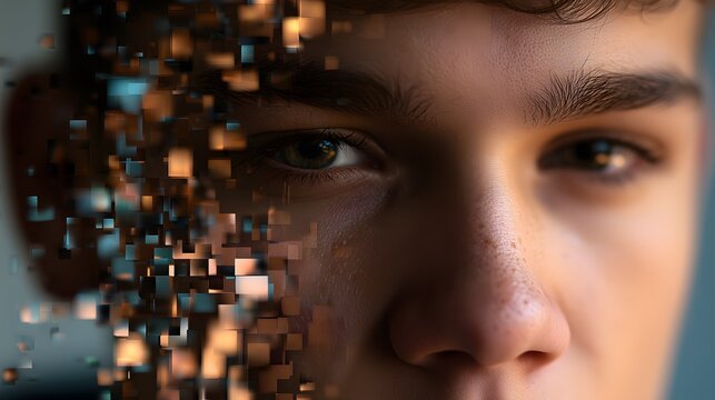 Digital face fragmentation abstract portrait with copy space