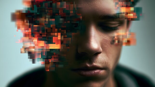 Digital face fragmentation portrait with glowing effect