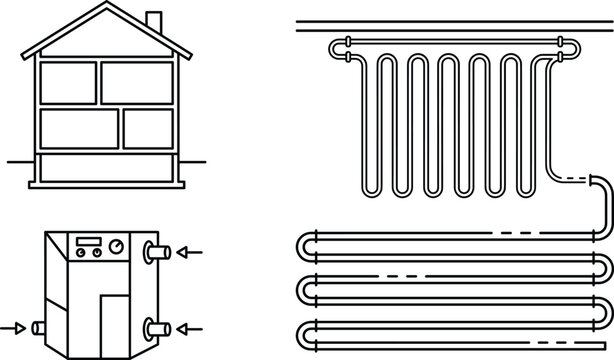 Geothermal heat pump system and residential underfloor heating line icons set