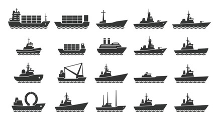 Set of various cargo ships and naval vessels silhouettes for maritime transportation logistics shipping industry and military naval fleet icon © ThephotoLab